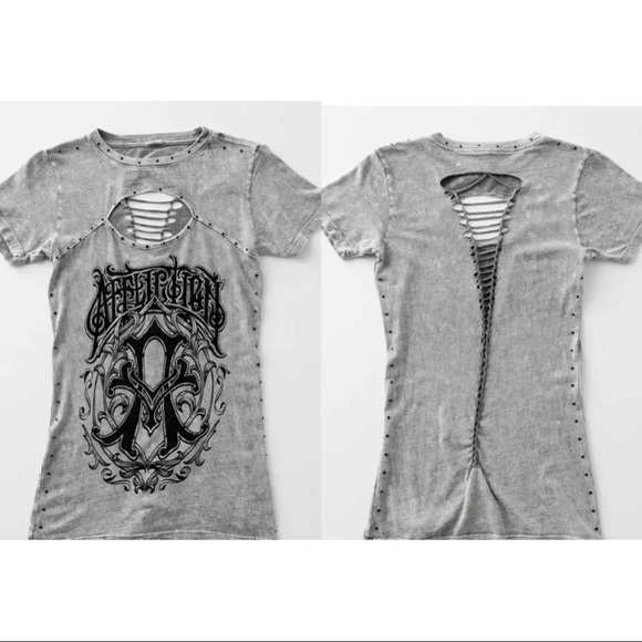 Affliction Tops - Affliction Women's T-Shirt Iconic Steel Biker Tattoo Gray